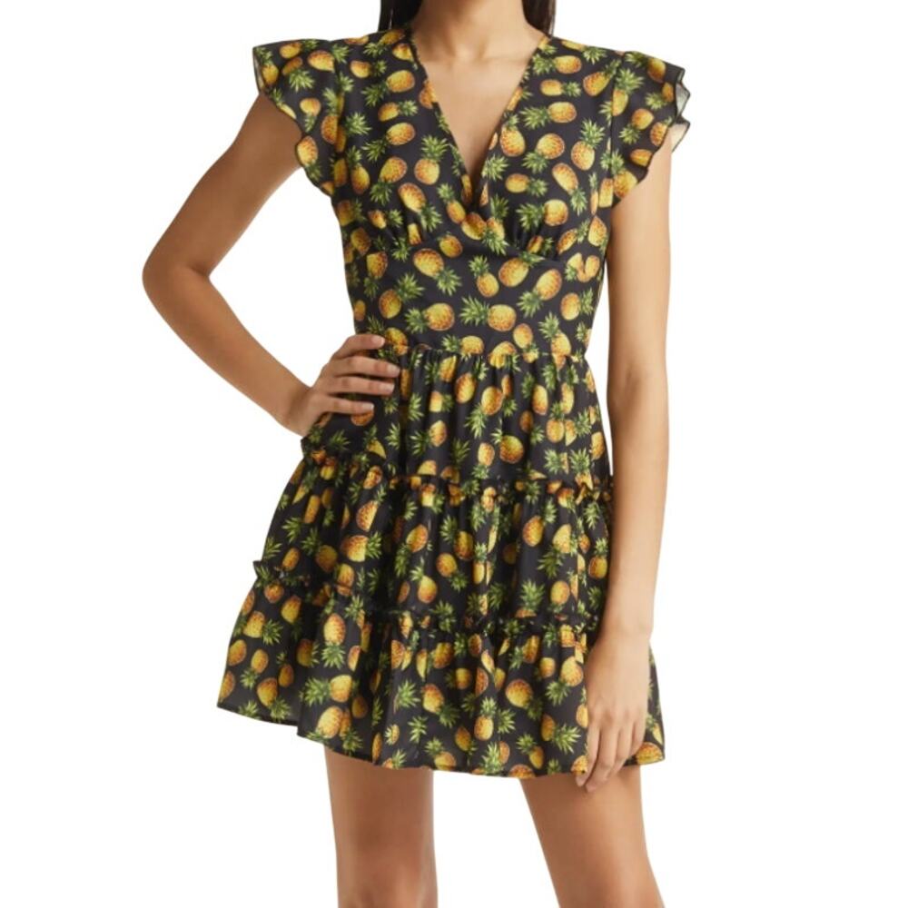 Area Stars Pineapple Black Yellow Flutter Sleeve Mini Dress size S NEW Tags - Picture 2 of 13